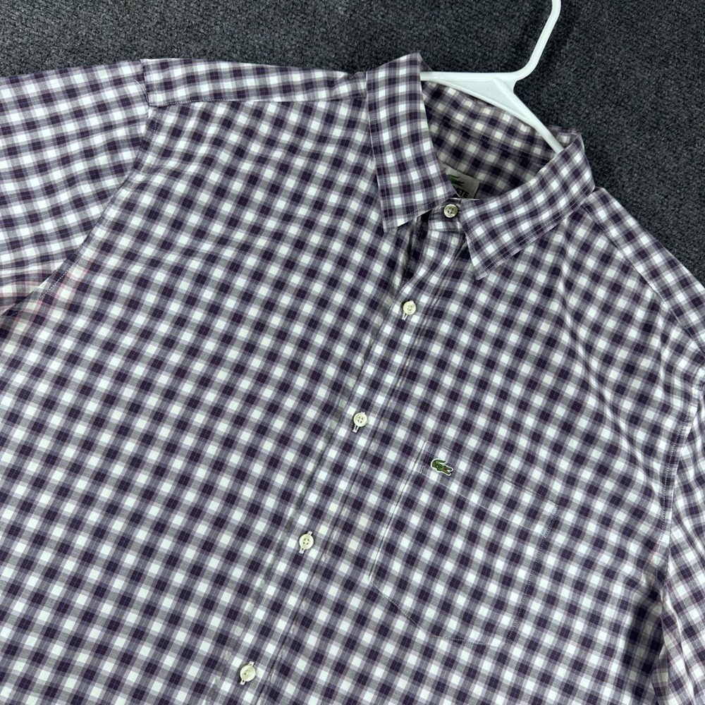 Lacoste Button Down Mens 45 XL Purple Gingham Check Short Sleeve Regular Shirt